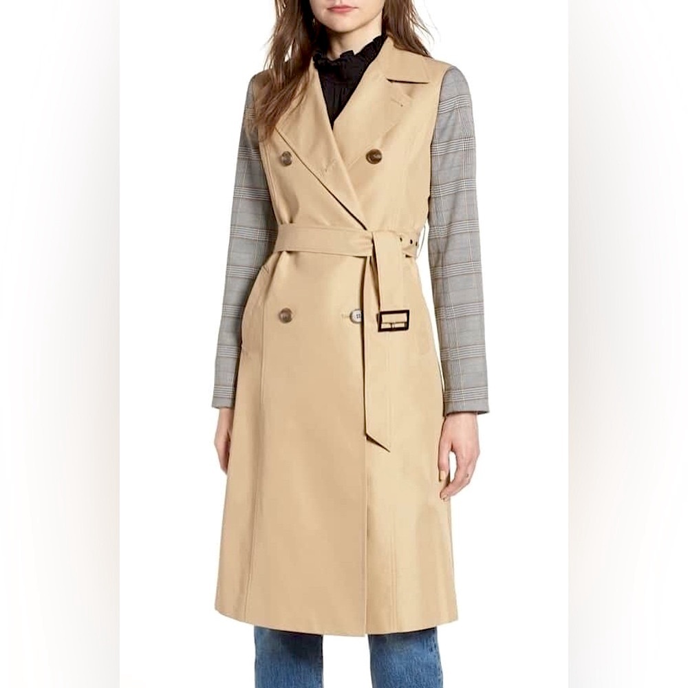MURAL | NWT Nordstrom Double-Breasted Tan and Gray Plaid Belted Trench Coat